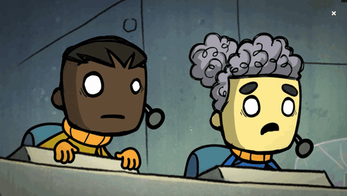 two cartoon characters are sitting at a table with a x in the upper right corner