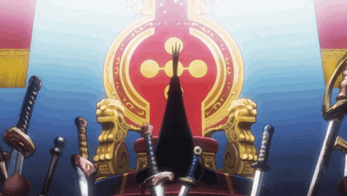 a person sitting on a throne with swords around it