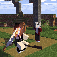 a pixel art of a person holding a sword in a field