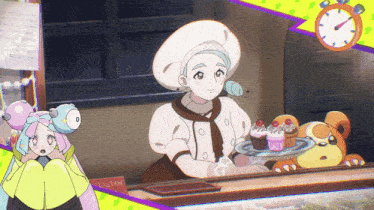 a cartoon of a woman holding a plate of cupcakes
