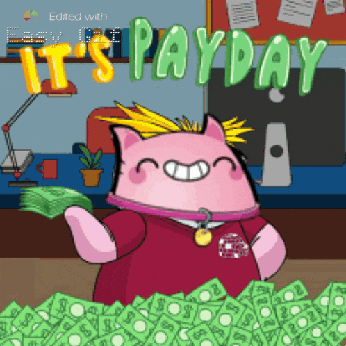 a cartoon of a cat holding a bunch of money with the words " it 's payday " above it