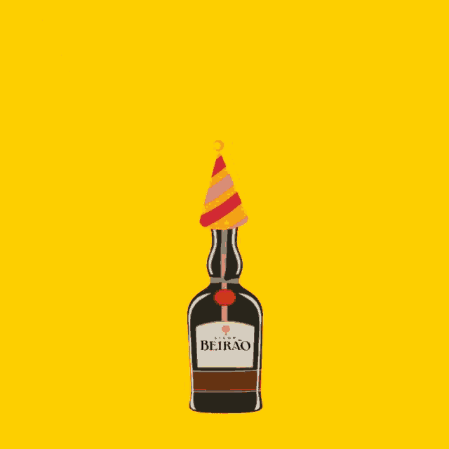 a bottle of beirao with a party hat on it