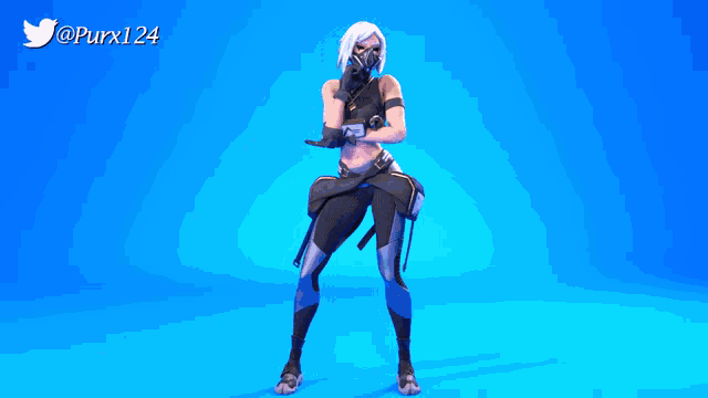 a woman in a mask is standing in front of a blue background with the twitter username @purx124