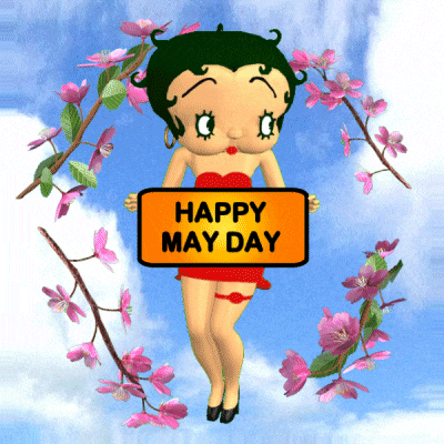 a picture of betty boop holding an orange sign that says happy may day
