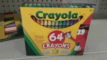 a box of crayola 64 crayons is on a shelf