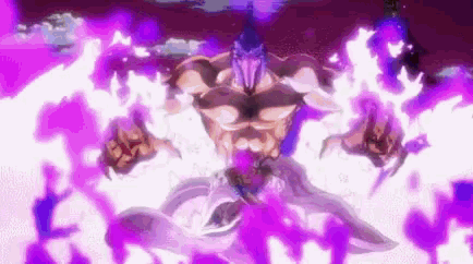 a cartoon character is surrounded by purple flames and a purple background .