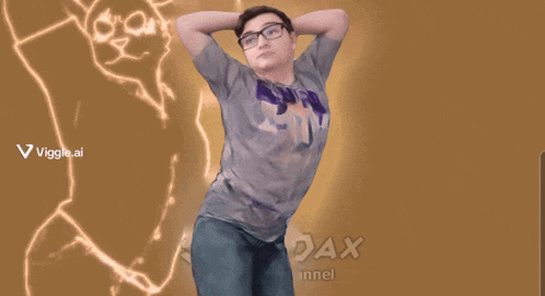 a man wearing glasses and a shirt that says ' viggle.ai ' on the bottom