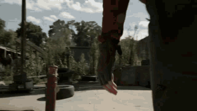 a person is hanging from a pole in a yard with trees in the background .