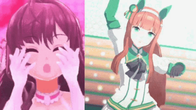 a girl covering her eyes and a girl in a green and white dress