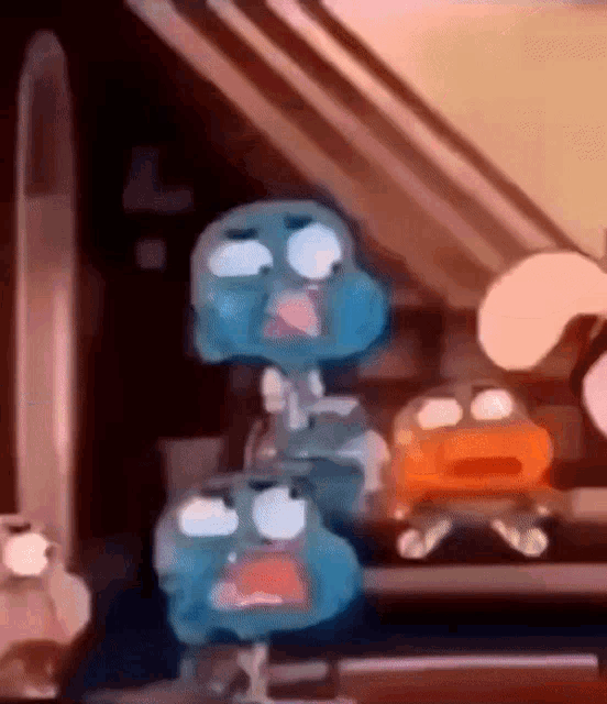 a group of gumball characters are standing next to each other in a room .