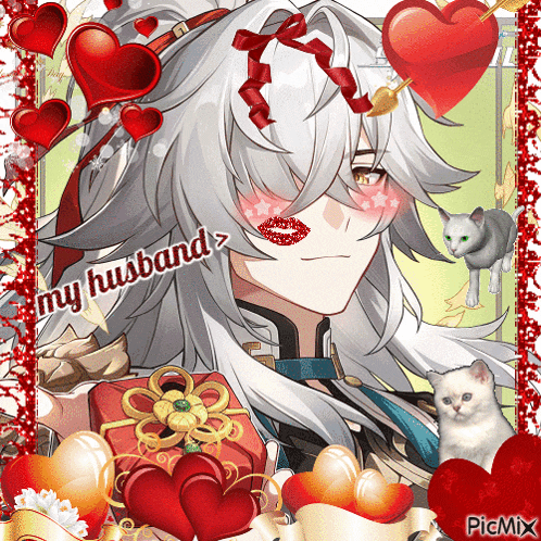 a picture of a man with long white hair and the words " my husband " on his face