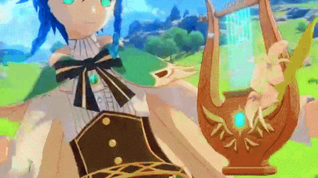 a cartoon character is holding a lyre in a video game .