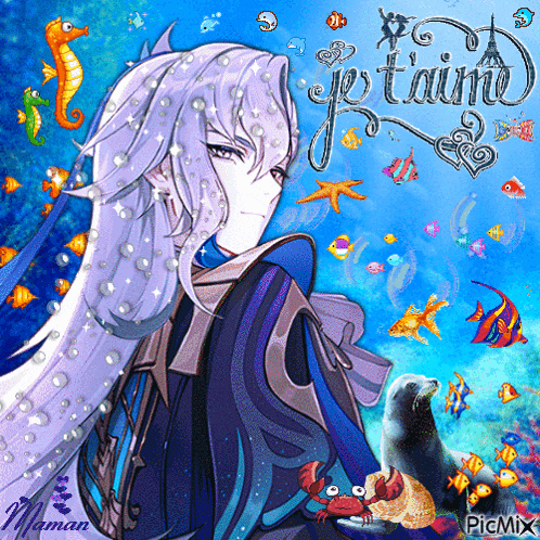 a picture of a girl with long white hair and the words je t'aime at the top