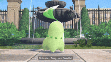 a video game character named chikorita stands in front of a fountain