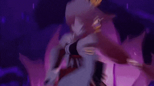 a cartoon character is standing in a dark room with purple lights behind her .
