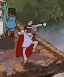 a cartoon character is standing on a bridge with his arms outstretched and a hat on .