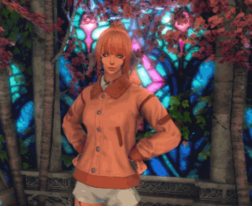a girl in an orange jacket stands in front of a colorful stained glass window