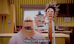a cartoon character says hair un-balder while holding a bottle