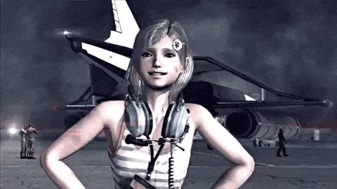 a girl wearing headphones is standing in front of a plane