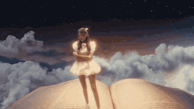 a woman in a white dress is standing on top of an open book with a glowing light coming out of it