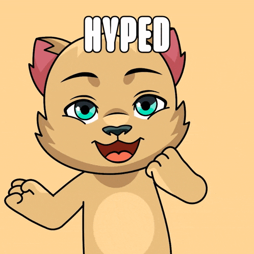 a cartoon of a cat with the word hyped above it