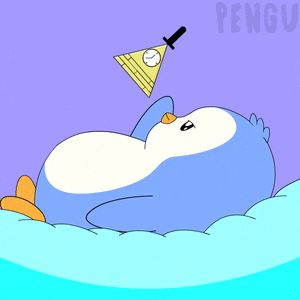 a cartoon of a penguin laying on a cloud with a bill cipher pyramid on its head