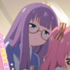 a girl with purple hair and glasses is standing next to another girl .