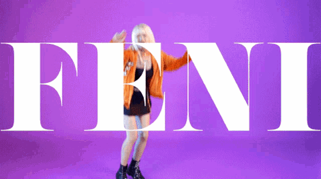 a woman dancing in front of the word feni on a purple background