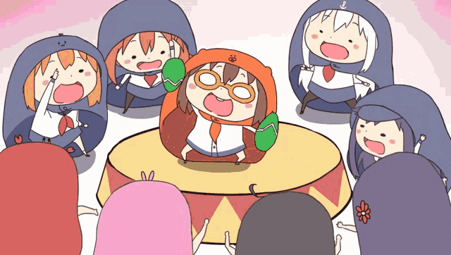 a group of cartoon characters are gathered around a table with a girl wearing glasses and an anchor on her hood