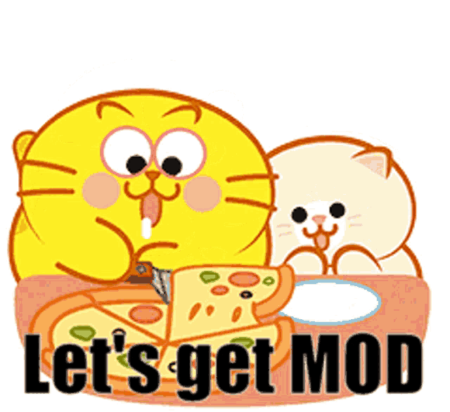 a cartoon cat says let 's get mod while cutting a pizza