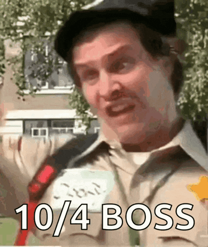 a man is wearing a hat and a name tag that says ' 10/4 boss '