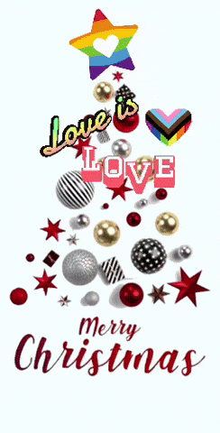 a merry christmas card with a christmas tree made of ornaments