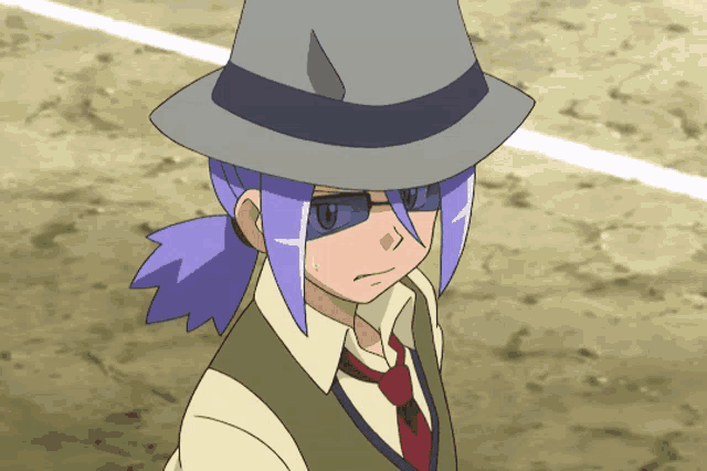 a man with purple hair wearing a hat and tie