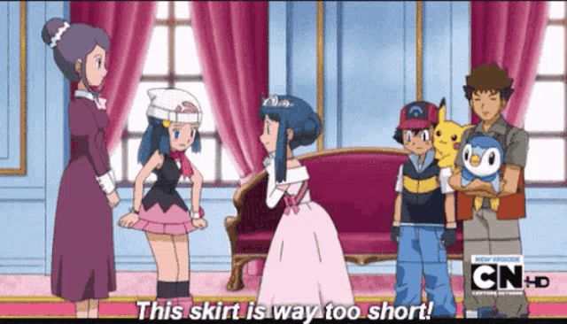 a group of cartoon characters are standing in a room with the words " this skirt is way too short " on the bottom