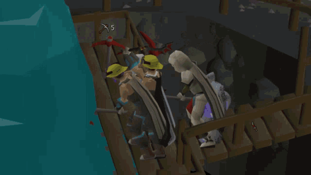 a group of people are standing on a bridge holding axes