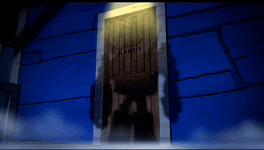 a blue door with the word karen on it