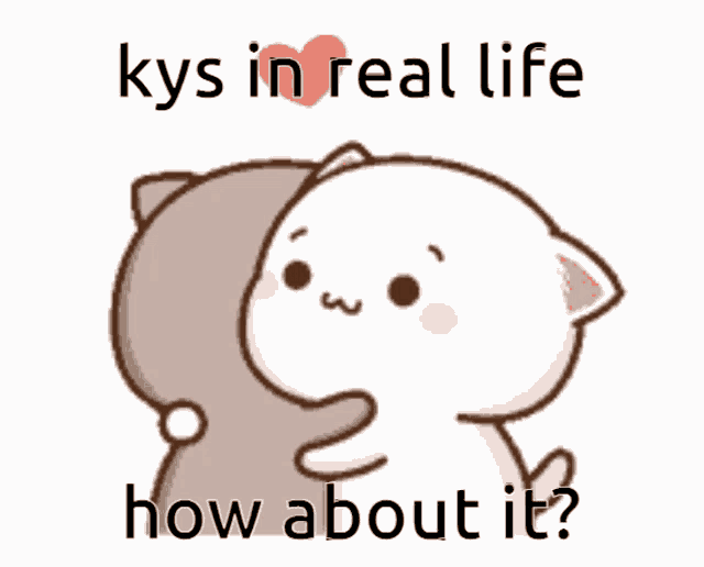 a cartoon of a cat hugging another cat with the words kys in real life how about it on the bottom