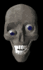 a skull with a cherry in its mouth and a blue eye on a black background .