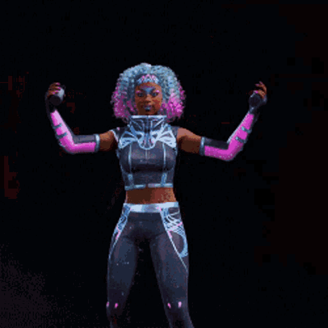 a woman with pink hair is surrounded by red smoke in a heart shape