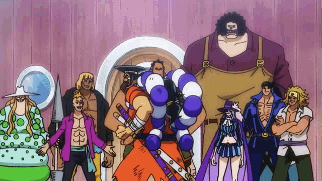 a group of cartoon characters are standing in a room and one of them has a sword on his back