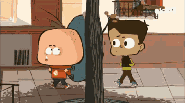 two cartoon characters are walking down a sidewalk and one has a backpack on