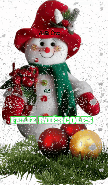a picture of a snowman with the words feliz miercoles