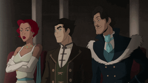 three cartoon characters are standing next to each other and one of them has the letter k on his shirt