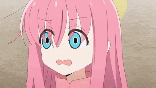 a girl with pink hair and blue eyes is making a surprised face