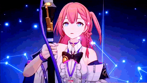 a girl with pink hair and blue eyes is holding a stick