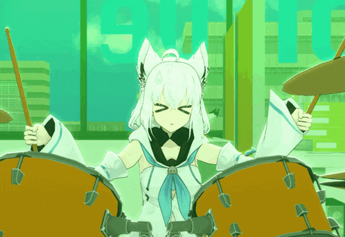a girl with white hair is playing drums in front of a sign that says " exit "