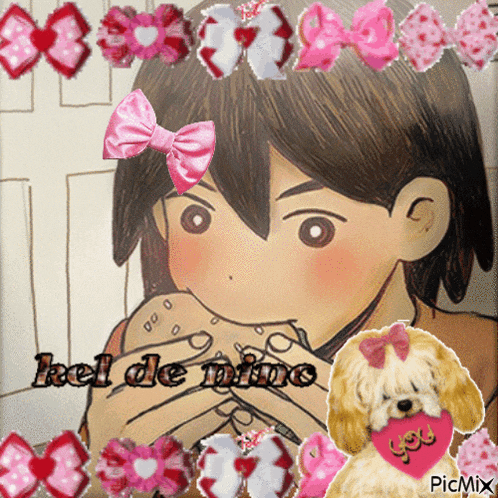 a picture of a girl with bows on her hair and a dog with a heart on its neck that says you