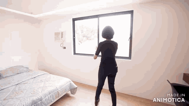 a woman in a black shirt is standing in front of a window in a bedroom made in animatica