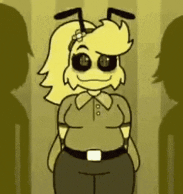 a cartoon of a woman in a yellow shirt and black pants standing in front of a yellow wall .
