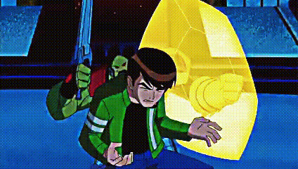 a cartoon character is holding a gun and a shield in his hands .